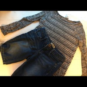 Long sleeve striped shirt and knee length shorts